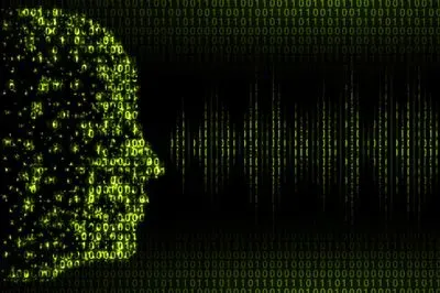 an illustration of a person's head rendered in 1s and 0s